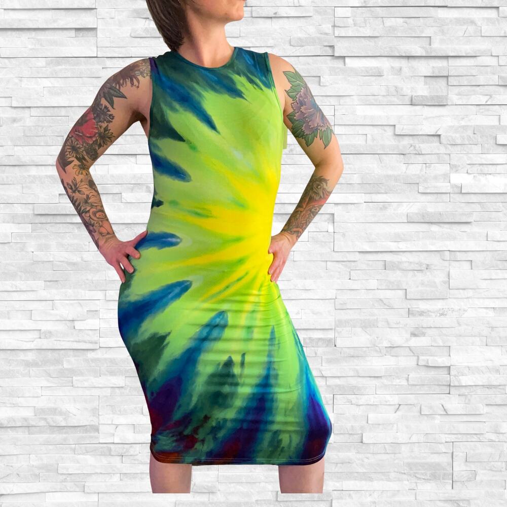 Ice Dyed Bodycon Dress - Tie Dye Tank Dress - Bright Rainbow - (Women's Large)